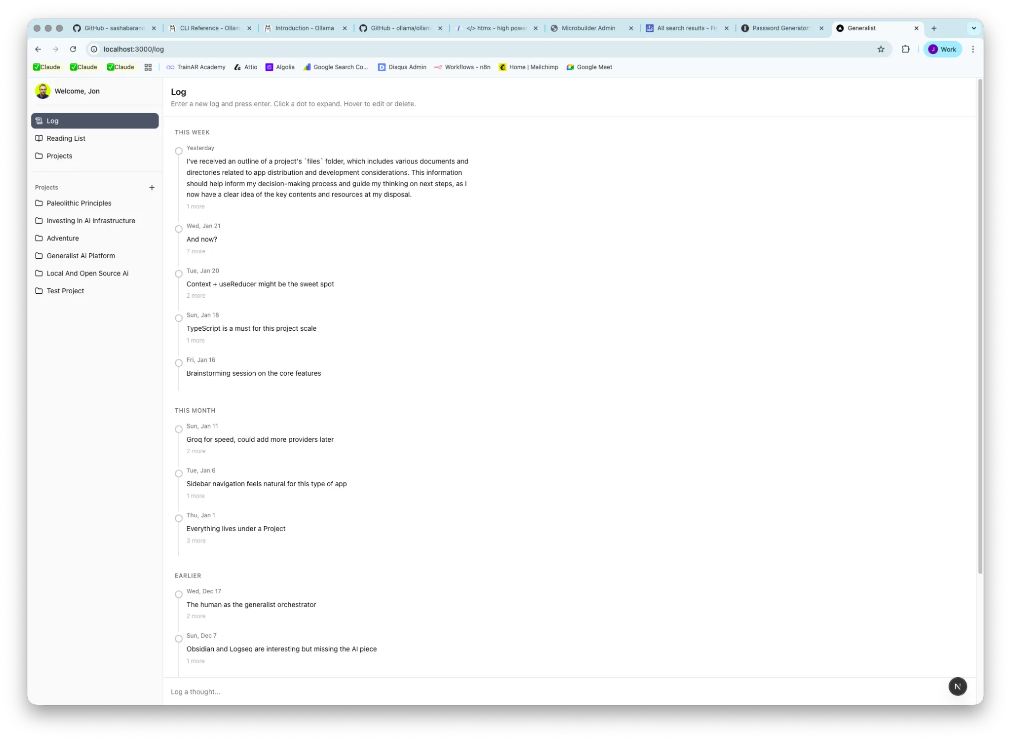 Generalist activity log