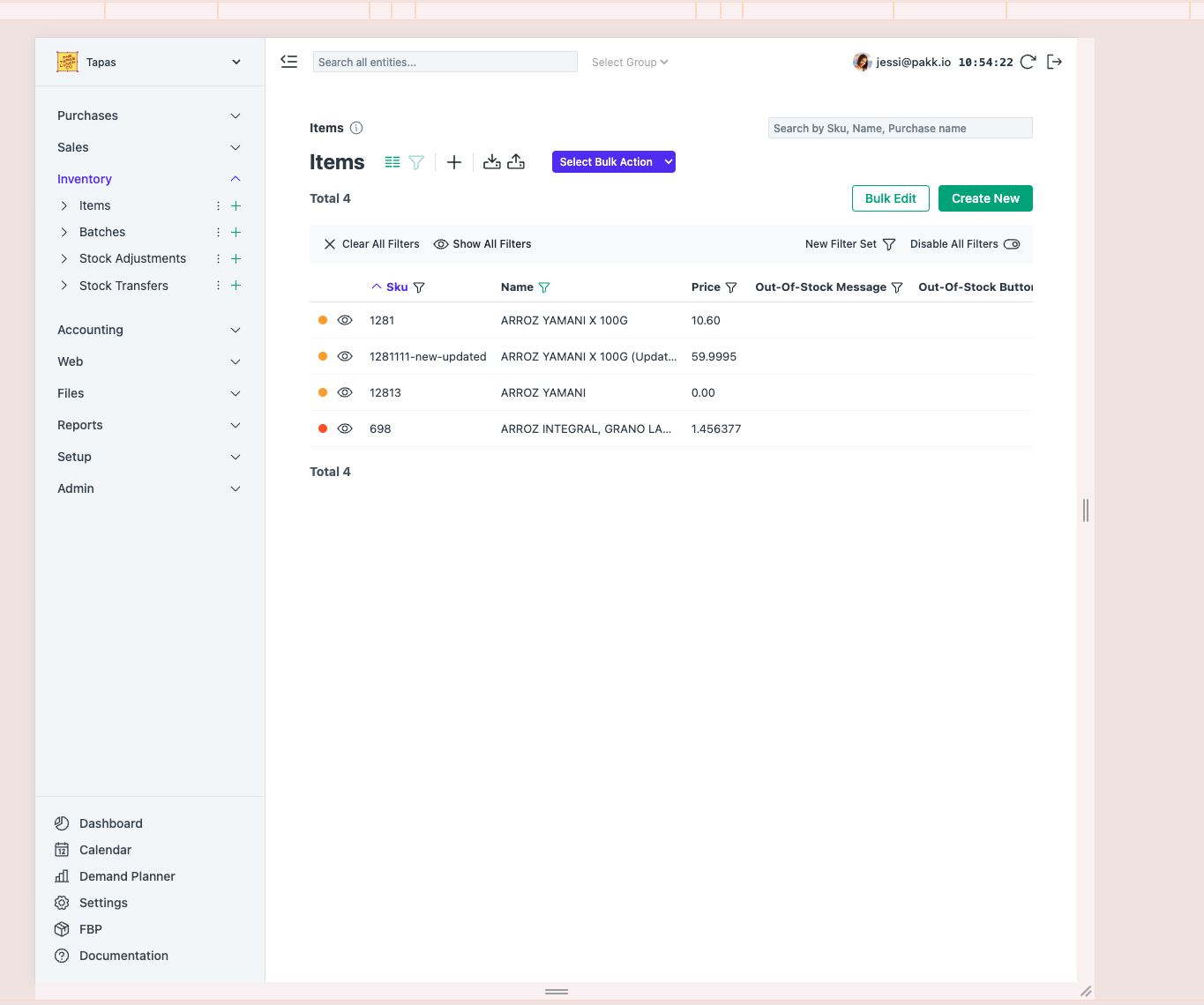 Inventory items list