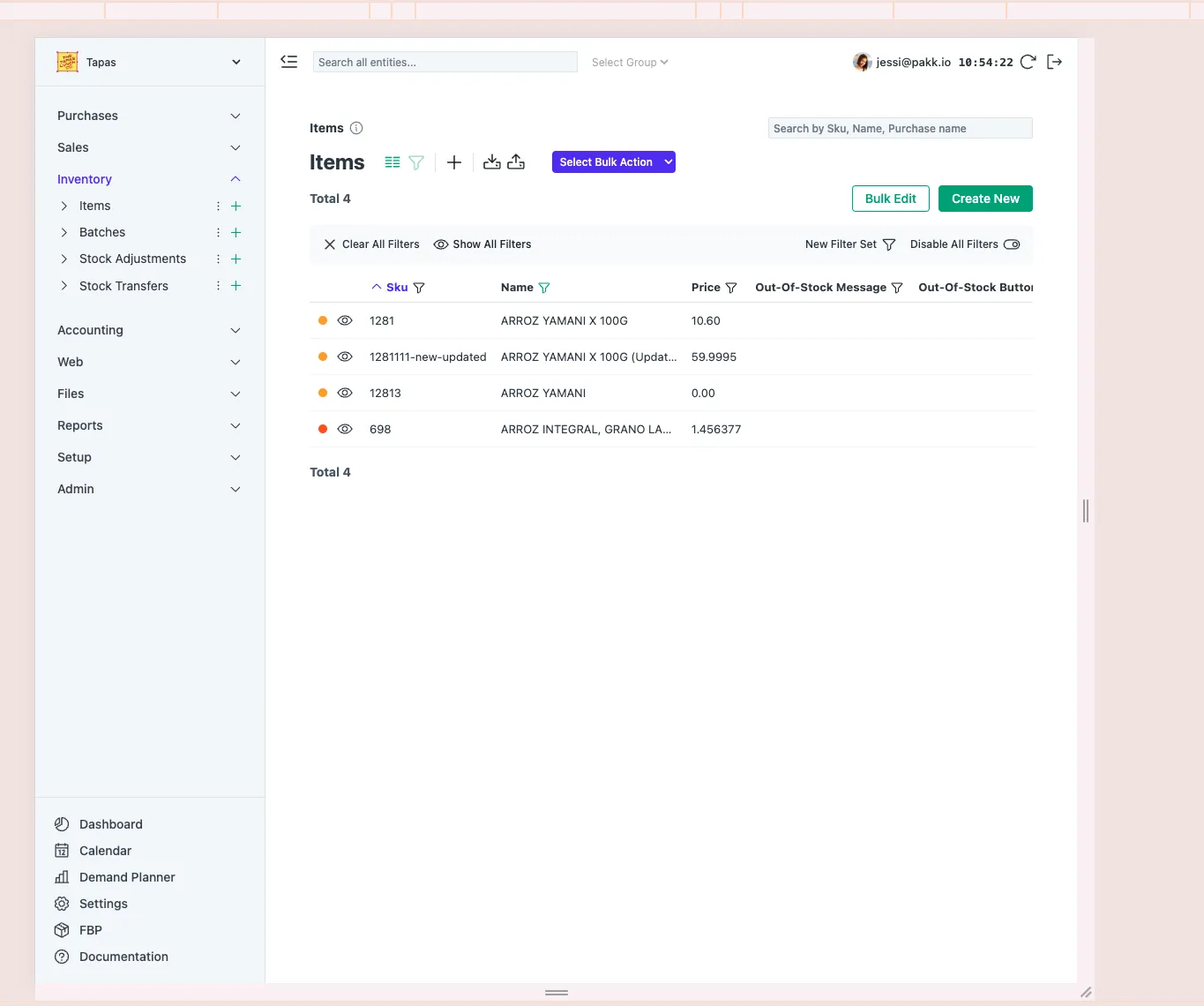 Inventory items list
