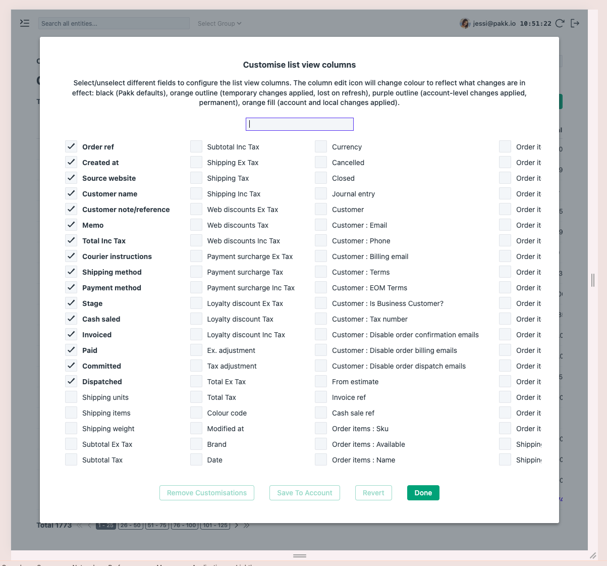 List view column configuration