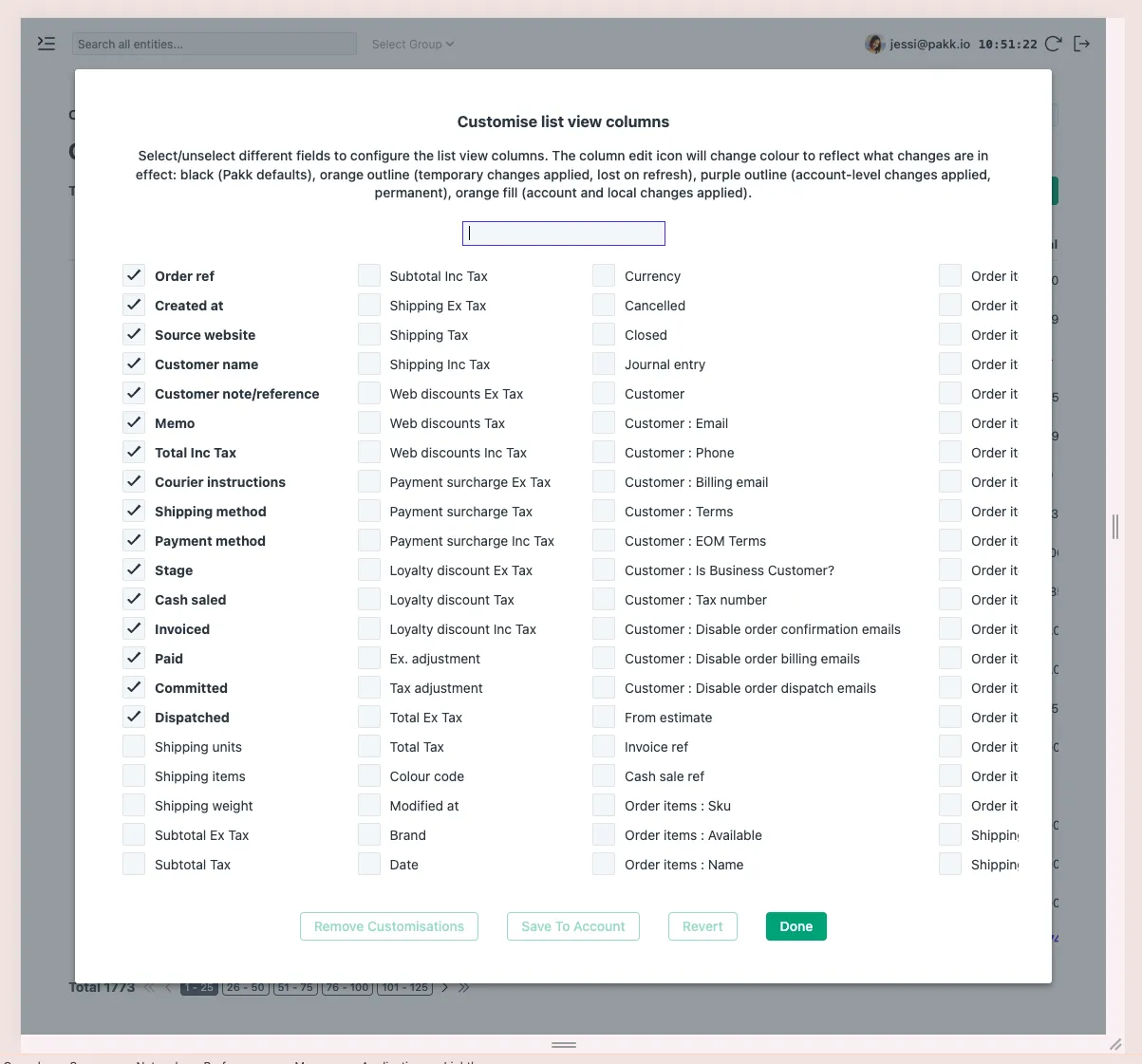 List view column configuration