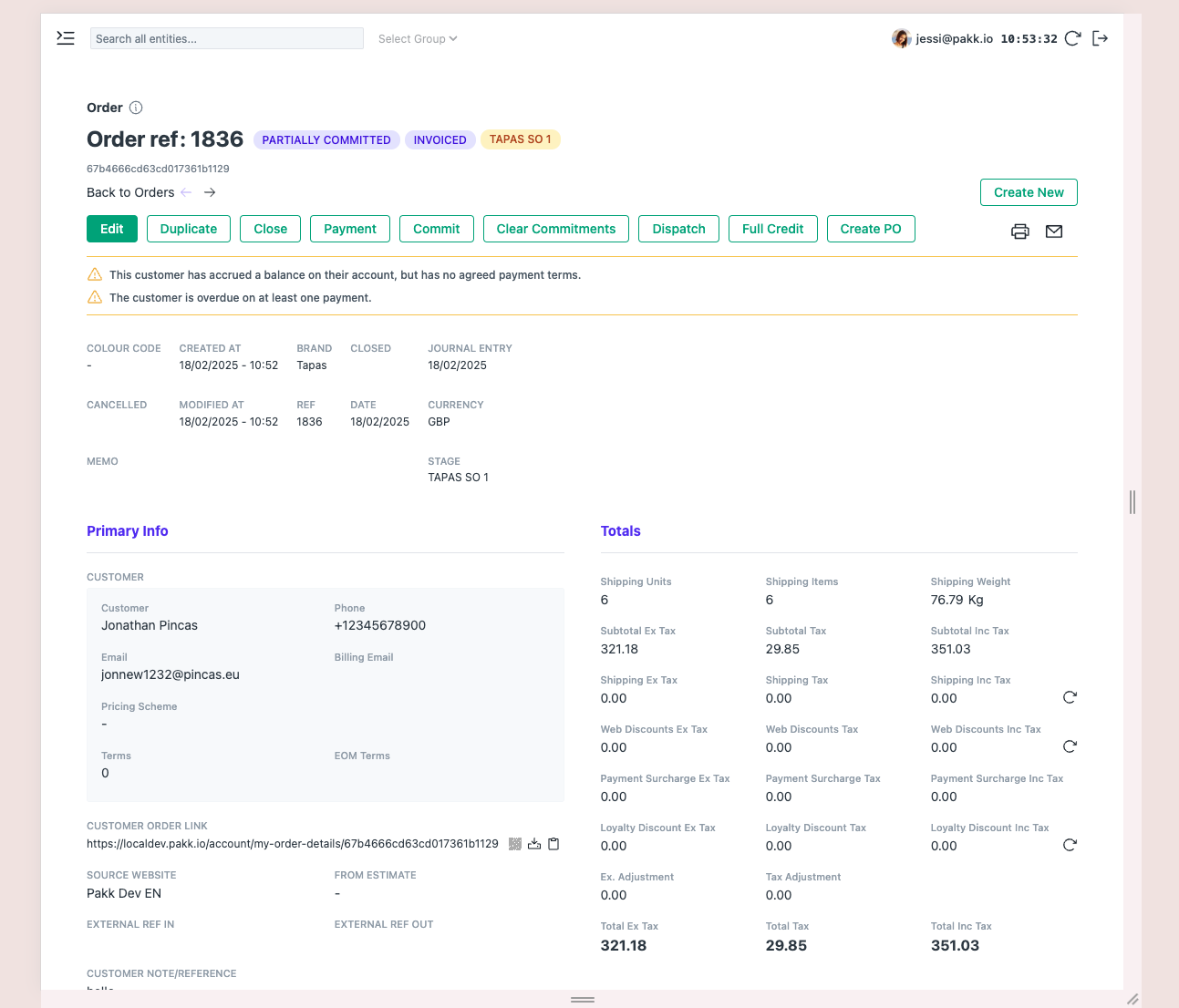 Pakk order detail view