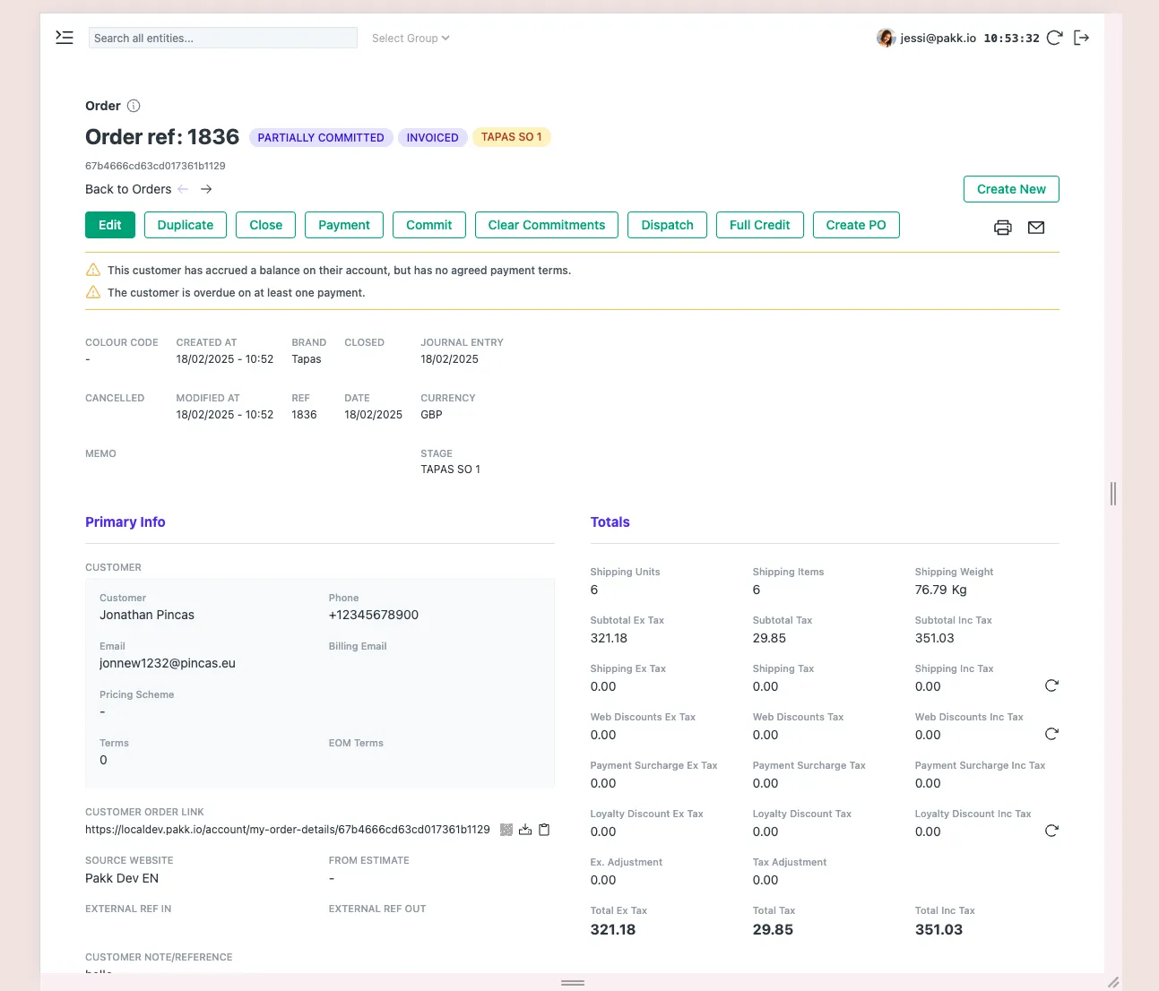Pakk order detail view