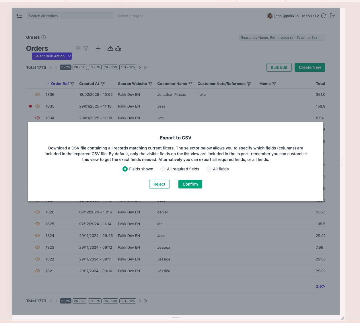 Orders list with CSV export