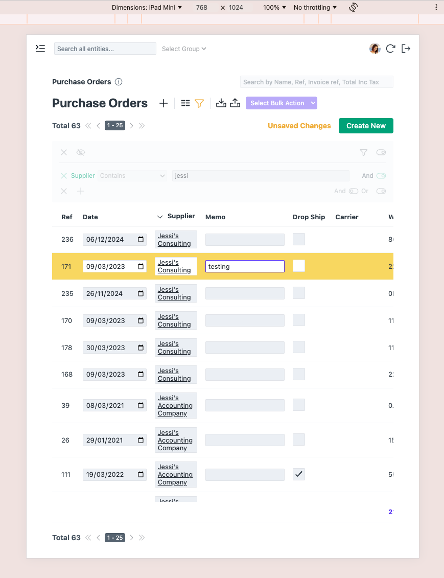 Inline editing with filters
