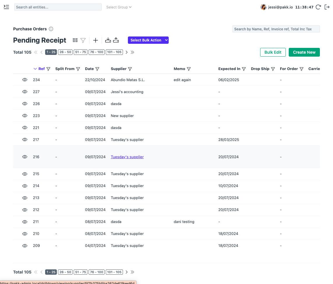 Purchase orders pending receipt