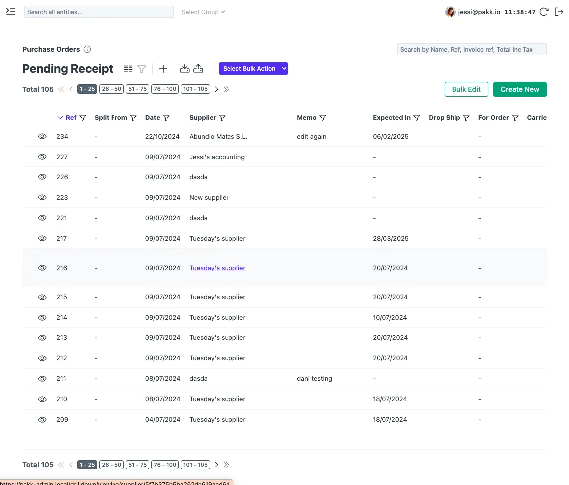 Purchase orders pending receipt
