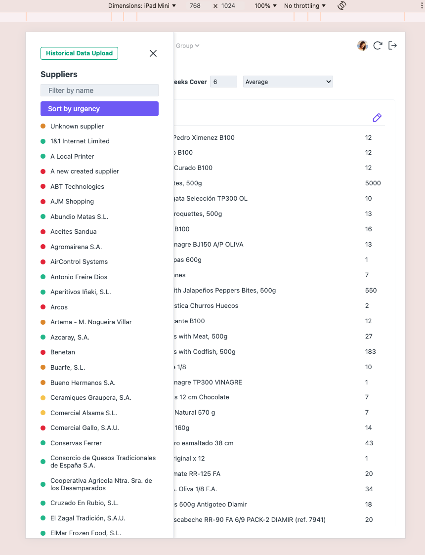 Suppliers list with products panel