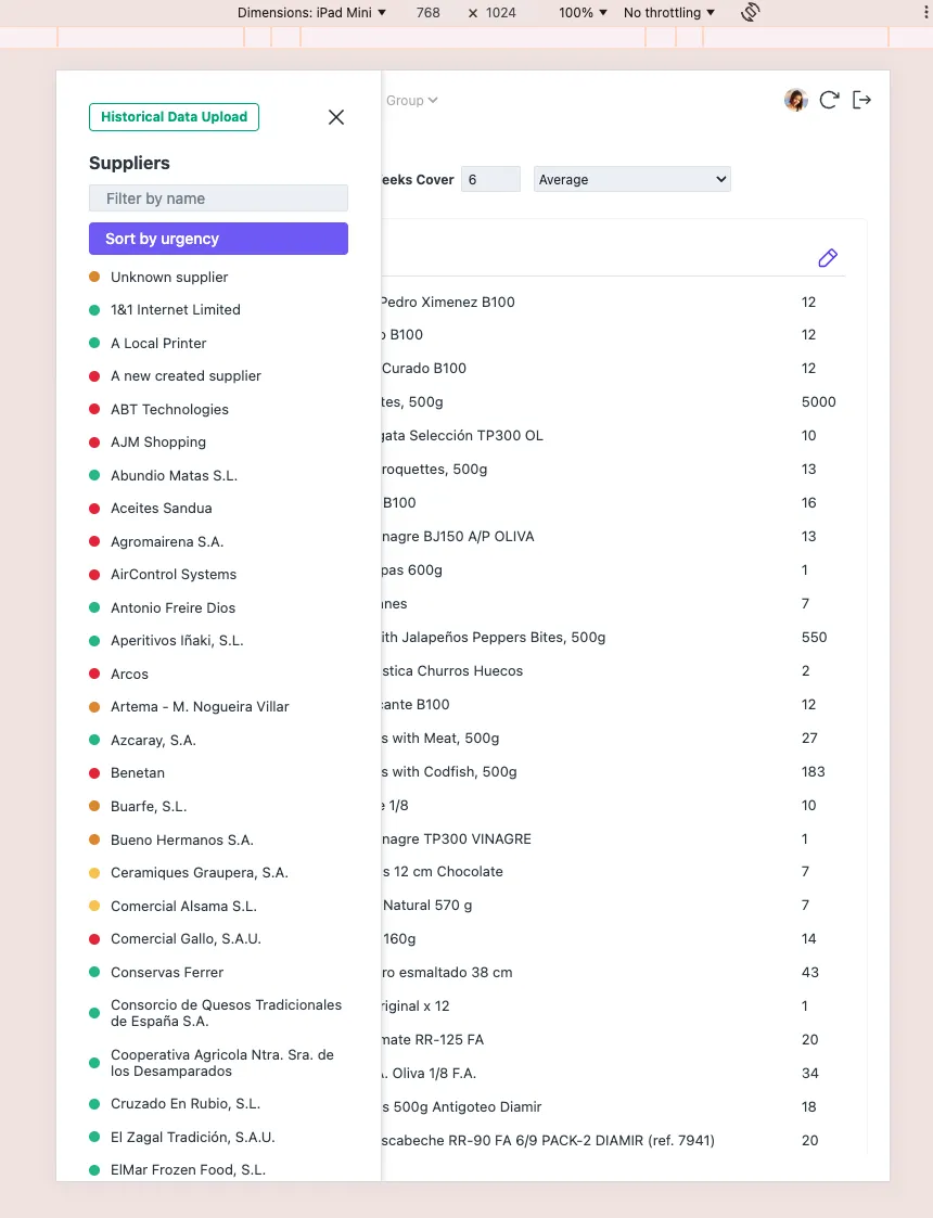 Suppliers list with products panel