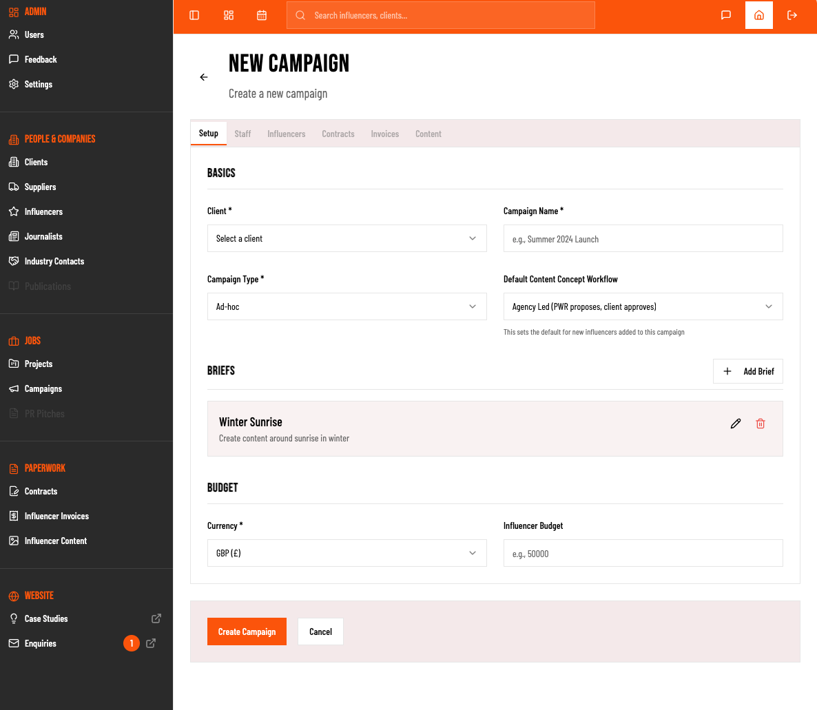 PWR new campaign form