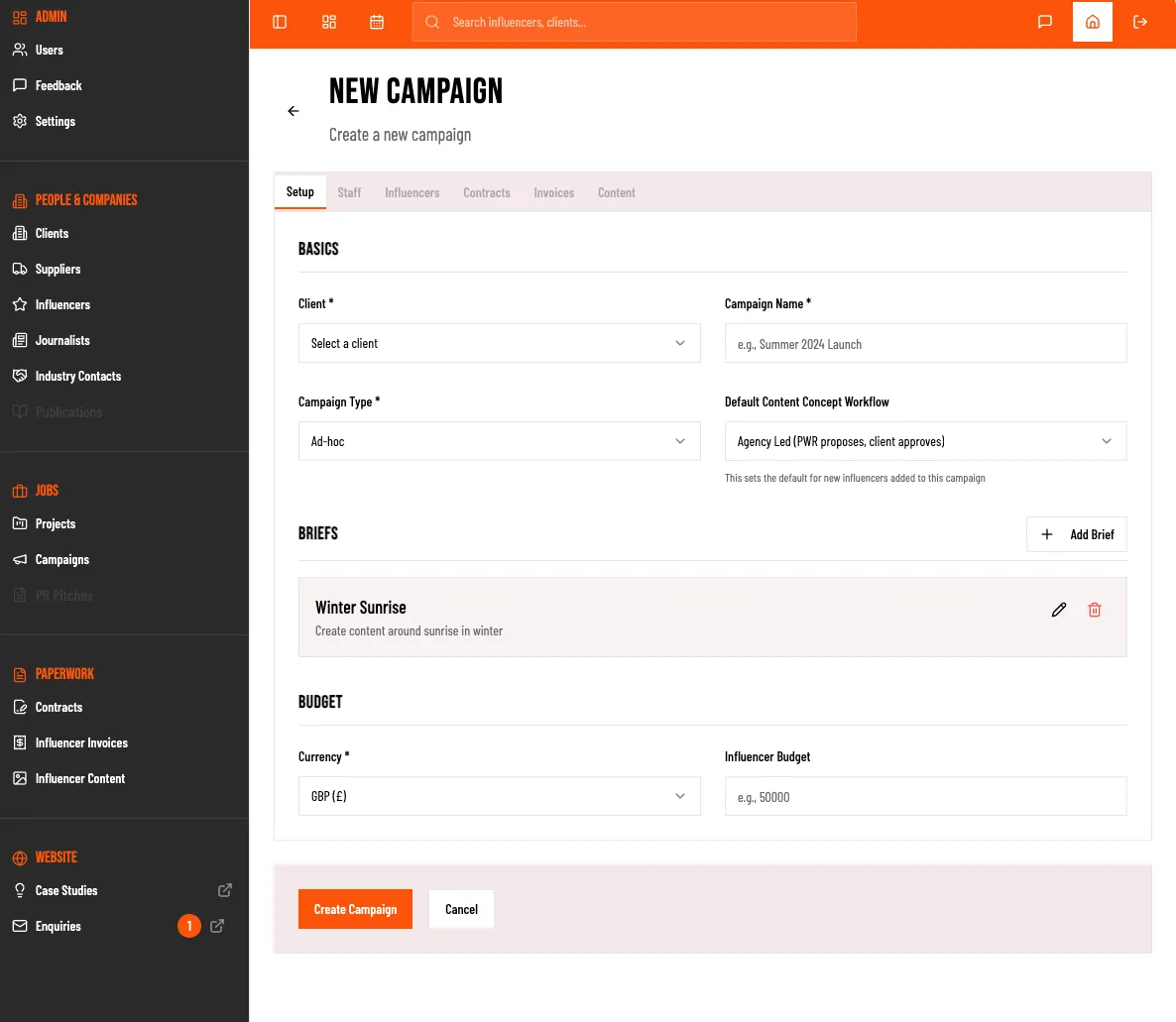 PWR new campaign form