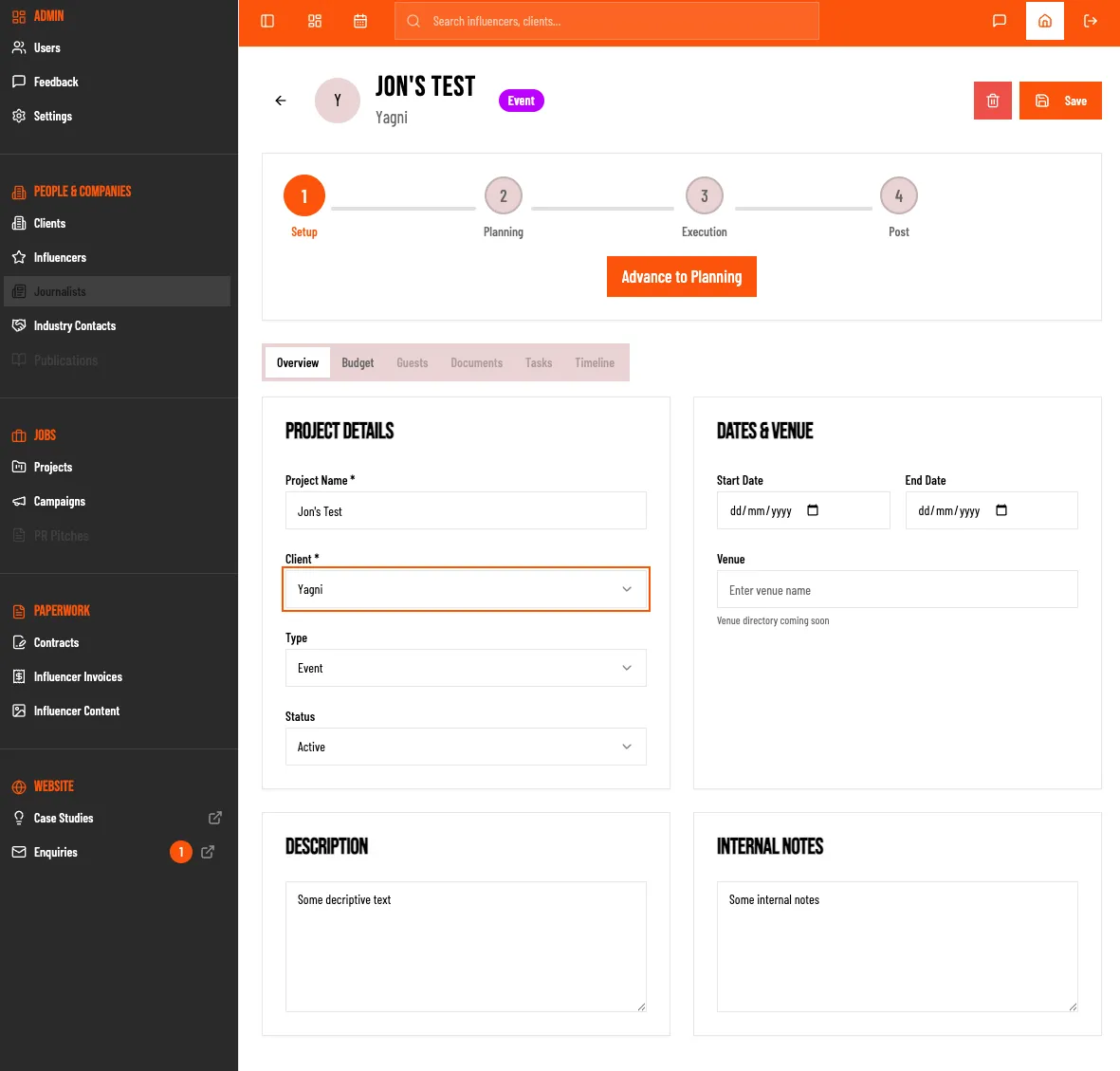 PWR project details setup