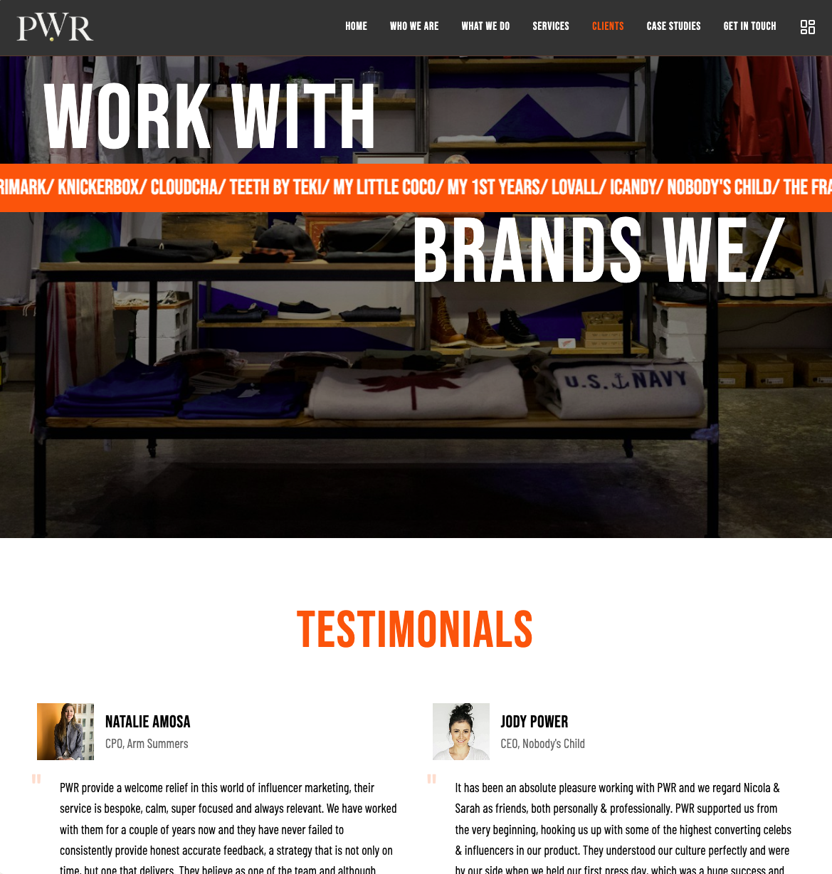 PWR website brands and testimonials
