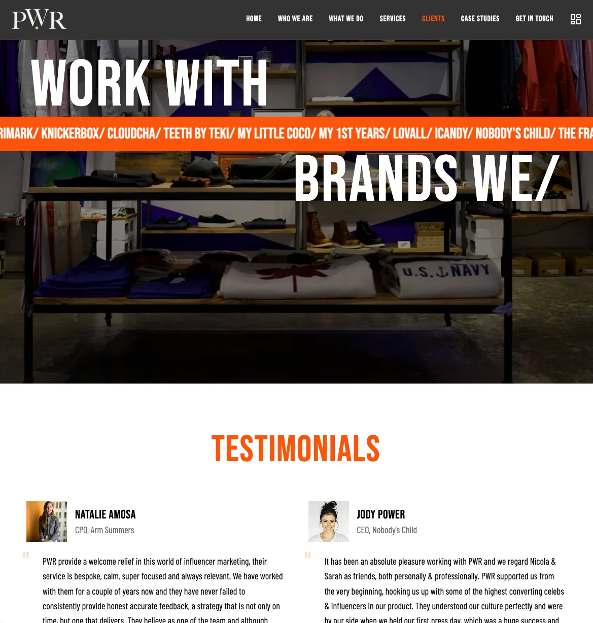 PWR website brands and testimonials