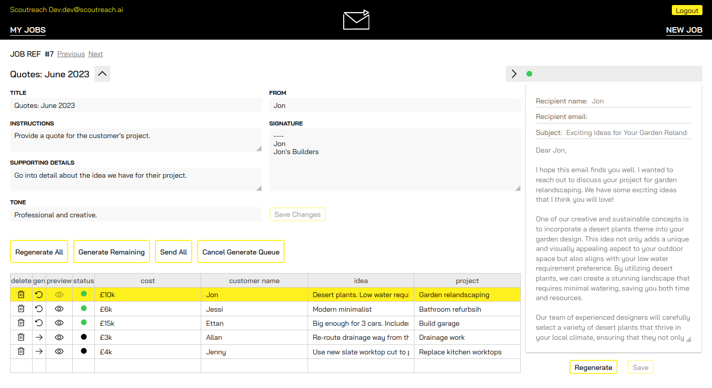 Scoutreach job view with generated messages