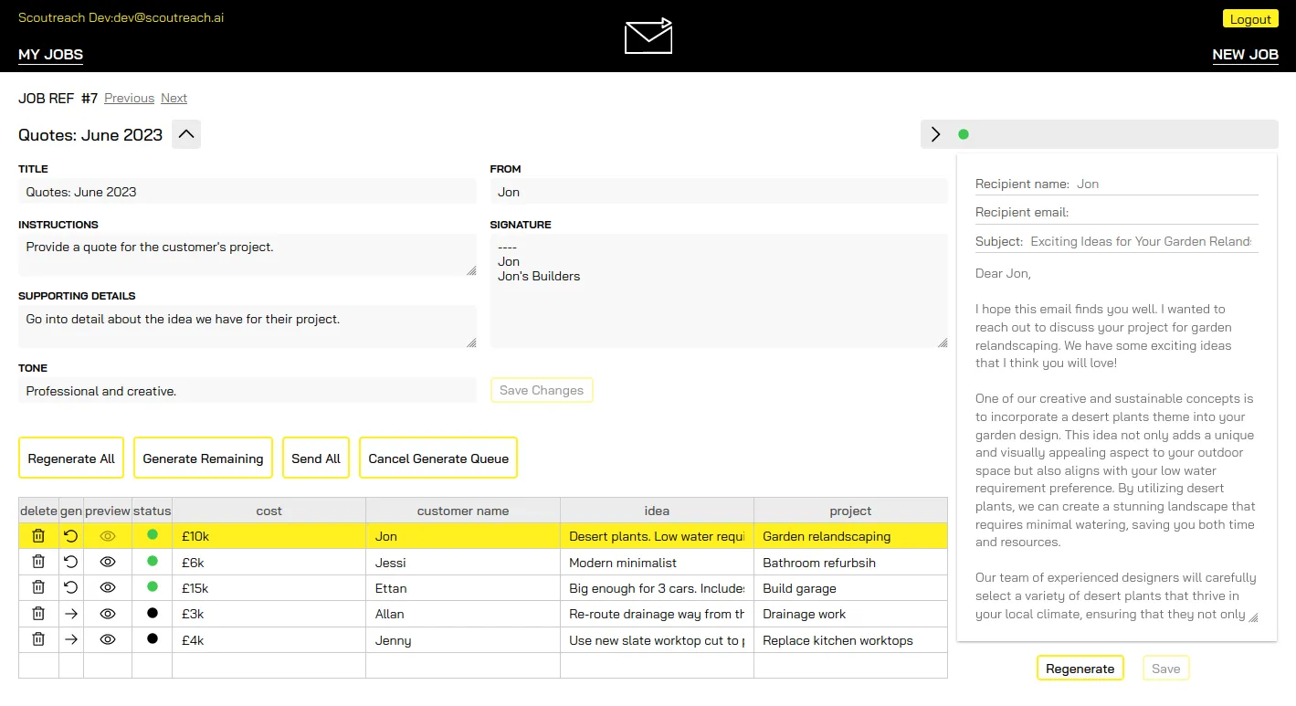Scoutreach job view with generated messages