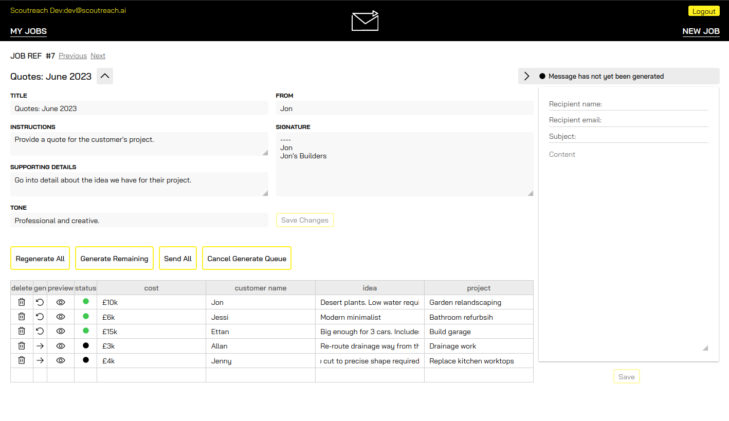 Job view with generated quotes