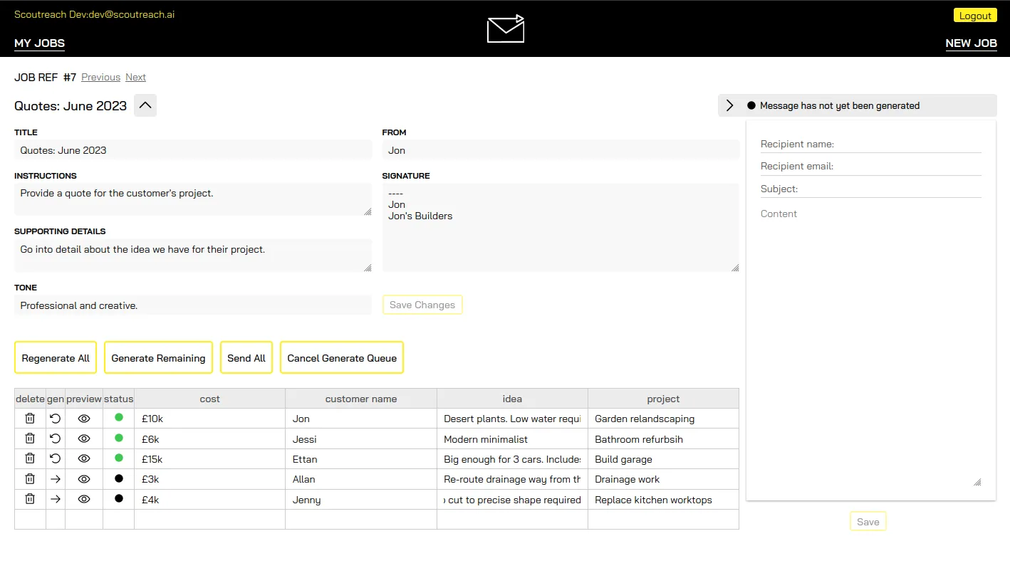 Job view with generated quotes